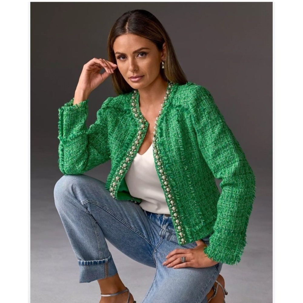 Boston Proper Green Preppy Tweed Pearl Embellished Fringe Jacket Size 16